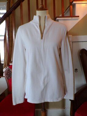 JONES NEW YORK Women's Cream w/Gold Stripe 1/4 Zip Fitted Knit Pullover Large